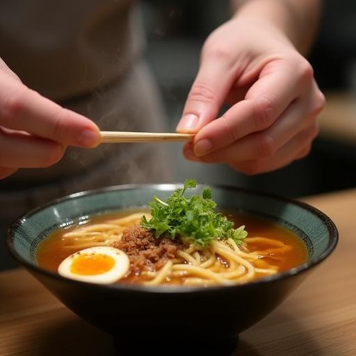 Hands carefully arranging toppings on a bowl of ramen during a cooking class.