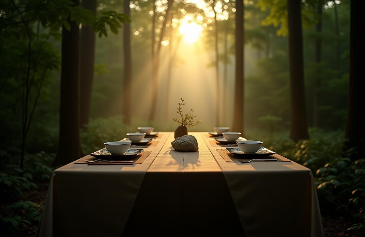 A beautifully set dining table in a serene, forest-like environment, ready for a gourmet Japanese meal.